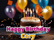 Happy Birthday Cory GIF: A birthday cake with flickering candles gif with text reading Happy Birthday and a Name slot to customize