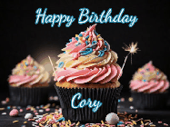 Happy Birthday Cory GIF: A delicious cupcake gif with animated sparkles reading Happy Birthday with a name to customize