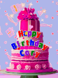 Happy Birthday Cory GIF: A big beautiful birthday cake gif with falling confetti, sparklers, and balloons, reads Happy Birthday Name. Customize it.
