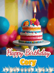 Happy Birthday Cory GIF: A birthday card gif with a cake and candle and a blue ribbon with animated sparklers. Reads Happy Birthday Name