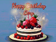 Happy Birthday Cory GIF: Animated GIF of a birthday cake covered in berries with 2 sparklers and a candle, reads Happy Birthday Name. Customize it.