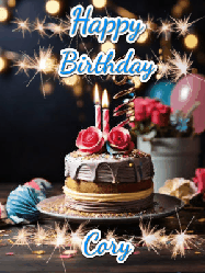 Happy Birthday Cory GIF: Sparkles and glitter happy birthday gif with a cake and flickering candles and sparklers behind the words happy birthday customize