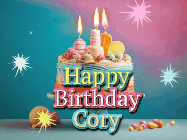 Happy Birthday Cory GIF: A colorful animated Happy Birthday Cake GIF with swirling sparkles and flickering candles. It reads Happy Birthday Name