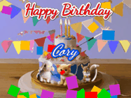Happy Birthday Cory GIF: Happy Birthday Cake GIF with a cat, lamb, and squirrel on the cake with flickering candles, a sparkler, and falling confetti. Reads Happy Birthday Name and you can customize the name