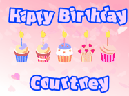 Happy Birthday Courtney GIF: Pink animated birthday gif with 5 cupcakes and candles and animated text you can customize with name.