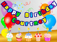 Happy Birthday Courtney GIF: Animated happy birthday gif with a party balloon background, a row of cupcakes, and birthday banner to customize.