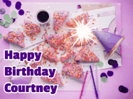 Happy Birthday Courtney GIF: A big paper sparkle highlights this animated birthday gif showing a birthday cake place setting with decorations.
