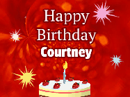 Happy Birthday Courtney GIF: A bright red happy birthday gif animated with a cake candle, and glitter and sparkles. Customize with name.