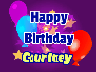 Happy Birthday Courtney GIF: A lovely purple birthday gif animated with moving text, a balloon, and bubbles. Customize it.