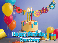 Happy Birthday Courtney GIF: Happy birthday cake animated gif with flickering candles, balloons, confetti, and text to customize.