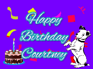 Happy Birthday Courtney GIF: Silly happy birthday gif with a cute dog in a corner and rainbow animation confetti. Birthday cake in order with candle.