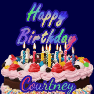 Happy Birthday Courtney GIF: A dark blue birthday gif with a beautiful cake with flickering candles, background sparkles and a name to customize.