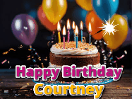 Happy Birthday Courtney GIF: A birthday cake with flickering candles gif with text reading Happy Birthday and a Name slot to customize