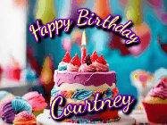 Happy Birthday Courtney GIF: A colorful animated birthday gif of a cake and falling stars with a flickering candle. Text reads Happy Birthday and Customize.