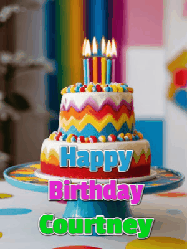 Happy Birthday Courtney GIF: A colourful birthday cake gif with flickering candles a confetti bursting out, reads Happy Birthday Name
