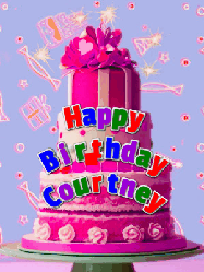 Happy Birthday Courtney GIF: A big beautiful birthday cake gif with falling confetti, sparklers, and balloons, reads Happy Birthday Name. Customize it.
