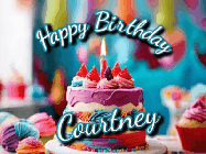 Happy Birthday Courtney GIF: Animated Happy Birthday Gif reading Happy Birthday Customize. Depicts a colorful birthday with flickering candles and glitter.