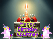 Happy Birthday Courtney GIF: An animated gif with 2 unicorns and a birthday candle on a cake.