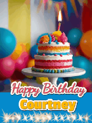 Happy Birthday Courtney GIF: A birthday card gif with a cake and candle and a blue ribbon with animated sparklers. Reads Happy Birthday Name