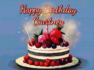 Happy Birthday Courtney GIF: Animated GIF of a birthday cake covered in berries with 2 sparklers and a candle, reads Happy Birthday Name. Customize it.