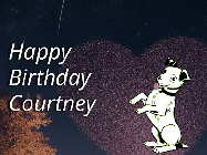 Happy Birthday Courtney GIF: Happy Birthday GIF at night with a cute drawn dog, floating balloons, and a shooting star in front of a heart shaped star formation.