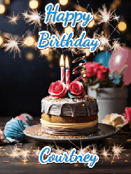Happy Birthday Courtney GIF: Sparkles and glitter happy birthday gif with a cake and flickering candles and sparklers behind the words happy birthday customize