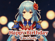 Happy Birthday Courtney GIF: Anime girl holding a birthday cake and an animated sword falls into it. Text reads Happy Birthday Customize