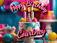 Happy Birthday Courtney GIF: Animated birthday gif with a beautiful colorful birthday can and sparkles in the air. It reads Happy Birthday Customize.