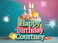 Happy Birthday Courtney GIF: A colorful animated Happy Birthday Cake GIF with swirling sparkles and flickering candles. It reads Happy Birthday Name