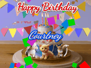 Happy Birthday Courtney GIF: Happy Birthday Cake GIF with a cat, lamb, and squirrel on the cake with flickering candles, a sparkler, and falling confetti. Reads Happy Birthday Name and you can customize the name