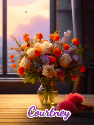 Happy Birthday Courtney GIF: A vase of flowers and animated hearts pop in and out as the words Happy Birthday Name appears that you can customize