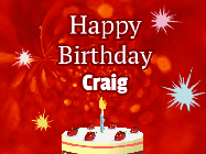 Happy Birthday Craig GIF: A bright red happy birthday gif animated with a cake candle, and glitter and sparkles. Customize with name.