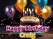 Happy Birthday Craig GIF: A birthday cake with flickering candles gif with text reading Happy Birthday and a Name slot to customize