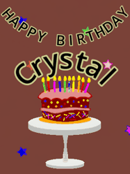 Happy Birthday Crystal GIF: Animated birthday gif of a chocolate cartoon cake and stars. Animated text can be customized with name.