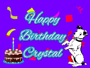 Happy Birthday Crystal GIF: Silly happy birthday gif with a cute dog in a corner and rainbow animation confetti. Birthday cake in order with candle.
