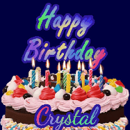Happy Birthday Crystal GIF: A dark blue birthday gif with a beautiful cake with flickering candles, background sparkles and a name to customize.