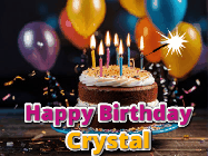 Happy Birthday Crystal GIF: A birthday cake with flickering candles gif with text reading Happy Birthday and a Name slot to customize