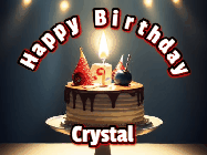 Happy Birthday Crystal GIF: Animated happy birthday gif with a cake and flickering candles with colorful falling confetti and text reading Happy Birthday