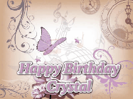 Happy Birthday Crystal GIF: Classical birthday gif background with colorful musical notes floating past and a name you can customize, reads Happy Birthday.
