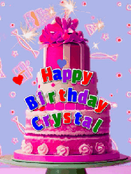 Happy Birthday Crystal GIF: A big beautiful birthday cake gif with falling confetti, sparklers, and balloons, reads Happy Birthday Name. Customize it.
