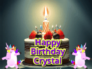 Happy Birthday Crystal GIF: An animated gif with 2 unicorns and a birthday candle on a cake.