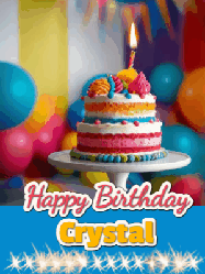 Happy Birthday Crystal GIF: A birthday card gif with a cake and candle and a blue ribbon with animated sparklers. Reads Happy Birthday Name