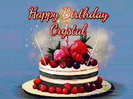 Happy Birthday Crystal GIF: Animated GIF of a birthday cake covered in berries with 2 sparklers and a candle, reads Happy Birthday Name. Customize it.