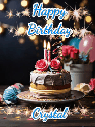 Happy Birthday Crystal GIF: Sparkles and glitter happy birthday gif with a cake and flickering candles and sparklers behind the words happy birthday customize