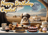 Happy Birthday Crystal GIF: Animated birthday gif with a dog at a fancy birthday table loaded with cakes as hearts appear. It reads Happy Birthday Customize.