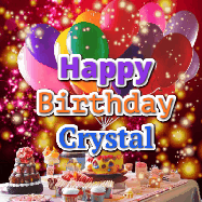 Happy Birthday Crystal GIF: Animated happy birthday gif on a bright red glittery background and 3 lines of text reading Happy Birthday Customize