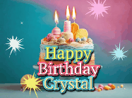 Happy Birthday Crystal GIF: A colorful animated Happy Birthday Cake GIF with swirling sparkles and flickering candles. It reads Happy Birthday Name