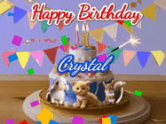 Happy Birthday Crystal GIF: Happy Birthday Cake GIF with a cat, lamb, and squirrel on the cake with flickering candles, a sparkler, and falling confetti. Reads Happy Birthday Name and you can customize the name