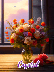 Happy Birthday Crystal GIF: A vase of flowers and animated hearts pop in and out as the words Happy Birthday Name appears that you can customize