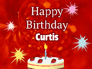 Happy Birthday Curtis GIF: A bright red happy birthday gif animated with a cake candle, and glitter and sparkles. Customize with name.